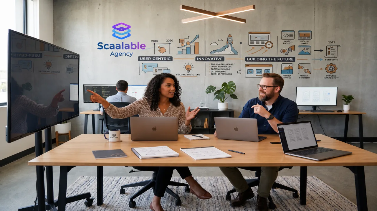 Scaalable team members talking through a project around a meeting table